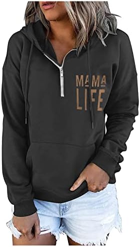 Женска мама живот печатена кошула со кошула со качулка со долги ракави, обичен патент пулвер облека со џеб долго
