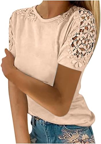 Женски симпатична чипка блуза врвна летна кратка ракав чипка, шуплива од обични маици со врат од вратот, беж