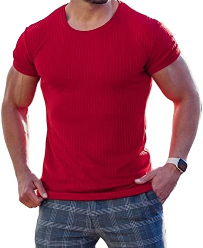Мажјак маички маички маички фитнес тенок вграден долг класичен тркалезен врат плетен краток ракав