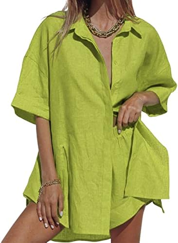 Облека за жени со 2 парчиња лето -летно копче за тренерско копче надолу со кратки ракави од страна на кратки маички кратки комплети за