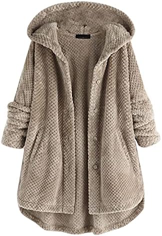 Копче за женски качулки на Gиантонг, надолу со меки руно јакна плус големина отворени предни палта со џеб со долги ракави лабави