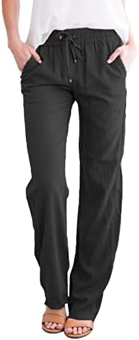 Постелни панталони Етија, широки нозе високи половината Еластична памучна постелнина панталони со џебови со џебови ситни панталони панталони