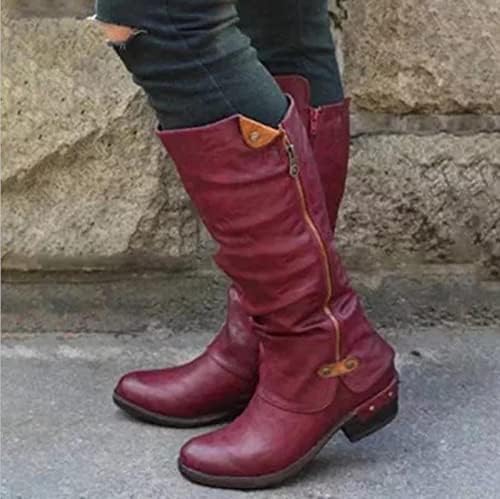 Чизми за сингелимини за жени западни каубојски чизми колено високи чизми со ниско-потпетици чевли за не лизгање зимски чизми за пешачење со средно теле