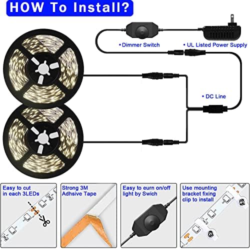 Junwen 40ft бели LED ленти со ленти, флексибилни SMD2835 LED ленти светла 12V затемнето лента за осветлување на лента во внатрешна LED