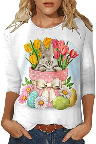 Womenенска среќна велигденска маица Велигденски јајца Смешно слатки 3/4 ракави за печатење на ракави Обични графички мета