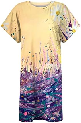 Летни фустани за жени 2023 година лабава разделена лилјак краток ракав екипаж на вратот мини фустани случајни фустан за маички за печатење на плажа