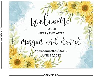 Добредојдовте на нашата среќна некогаш по свадбата за добредојде, персонализиран сончоглед цвет, двојни имиња и датум за свадба, бела