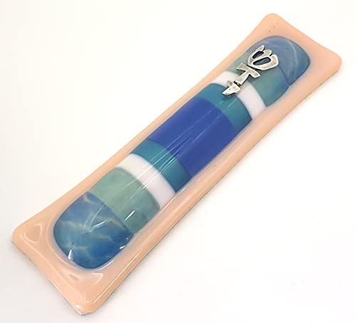 Еврејска мезуза кутија беж стакло со сино -бели дамки, креативна Јудаица, подарок за еврејски домаќинки