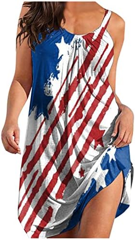 4 јули Лето Обични Фустани За Жени Американско Знаме Бохо Фустан Без Ракави Лажичка Вратот Течни Лабави Мини Сарафани