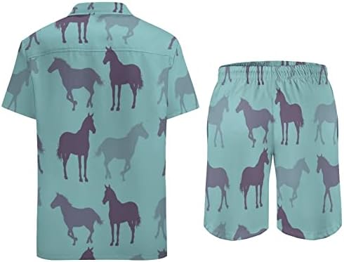 Апстрактна шема на коњи машки хавајски кошули со кратки ракави и панталони летни облеки на плажа лабава фит тренер