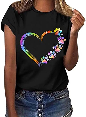 Женски маички за печатење на срцето Основни летни врвови на летни врвови, лесни лабави кошули со блуза мода, тркалезна маичка