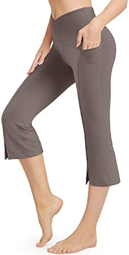 G4free женски капри панталони со џебови вкрстена половината подигање јога панталони затегнати хеланки на земјоделски култури за
