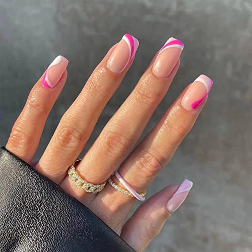 Синхот Среден печат на нокти плоштад лажни нокти виолетова акрилна нокти сјајно француски лепак на ноктите розови модели дизајни лажни нокти 24