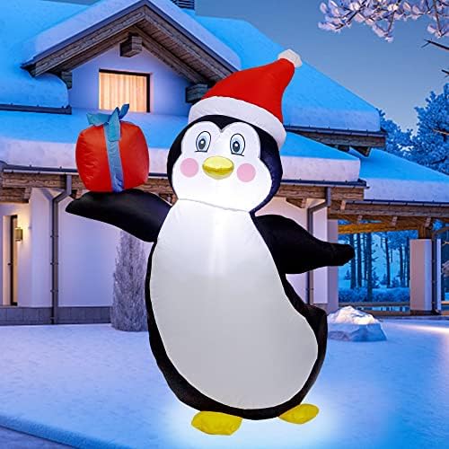 Prsildan 4 ft Божиќен надувувачки пингвин, LED светла LED кревајќи пингвин со кутија за подароци и Божиќна капа, украси за Божиќ