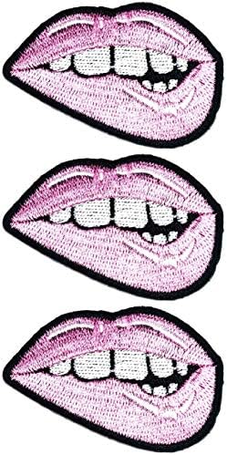 Еднаш x 3 парчиња. Розова уста секси усни залак залаки модни деца цртан филм печ везена значка железо железо на шиење на амблем DIY додатоци