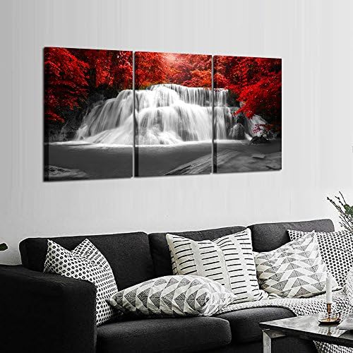Kreative Arts Црно бело и црвено платно wallидна уметност 3 парчиња црвено шума водопади платно печати пејзажни слики врамени