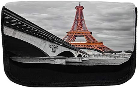 Случајна кутија со молив на Ајфелова кула, монохроматска уметност француска, торба со молив со ткаенини со двоен патент, 8,5 x 5,5, сива портокалова