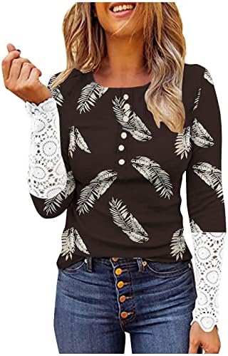 Huankенска женска маичка чипка чипка со долги ракави, лента за дупка, тенок тркалезен врат, печати пулвер маица слатка облека