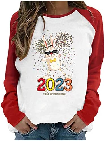 Година на кошули со зајаци за жени 2023 година со долг ракав за празник на врвови за пулвер во боја, лабава боја блок Нови години џемпери, маички за џемпери