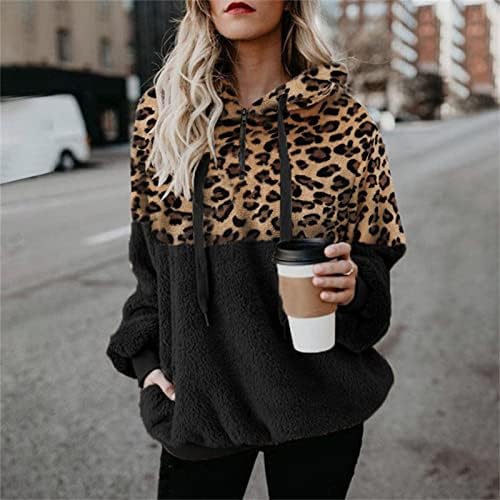 Womenените леопард патент џемпер пуловер преголем палто руно крпеница врвови на блуза за влечење