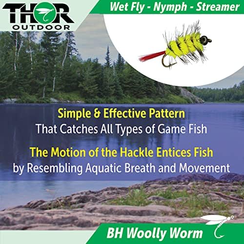 Thor Outdoor BH Волнен црв 5 компјутерски сет - жолт - влажна мува риболов лета за пастрмка и панфис - Големина на кука 12