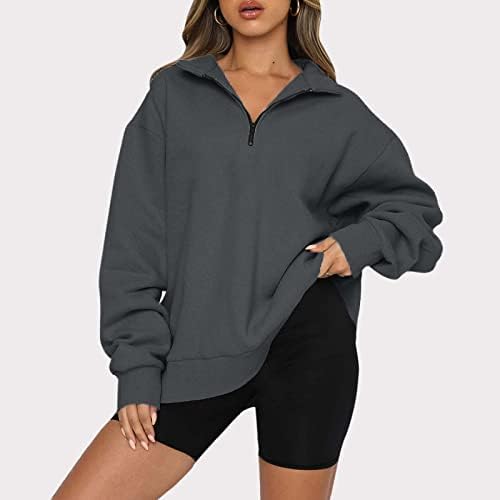 Џемпер за жени преголем полу -поштенски пуловер со долг ракав џемпер четвртина патент худи џемпер тинејџерски девојки паѓаат сиво