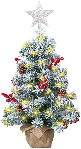 Снежна мини новогодишна елка, 24 инчи 2 метри пред-осветлена мала таблета собрана елка со висечки украси, најдобри DIY Божиќни украси
