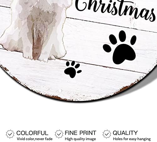 Снежен човек Божиќен венец знак куче во капа од дрво жито тркалезна метална калај знак Божиќ украси во затворен рустикален метален венец знак