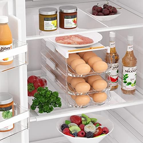 Држач за јајце за фрижидер 3 слој сад за складирање на јајца со рачка Организатор на јајце за ладилница за јајца од јајца чиста лента за јајца, стабилно фрижидер, орг