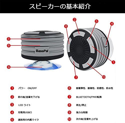 Basspal Radios за туширање, IPX7 водоотпорен преносен безжичен Bluetooth звучник со LED светла за расположение, супер бас HD звук туш, базен,