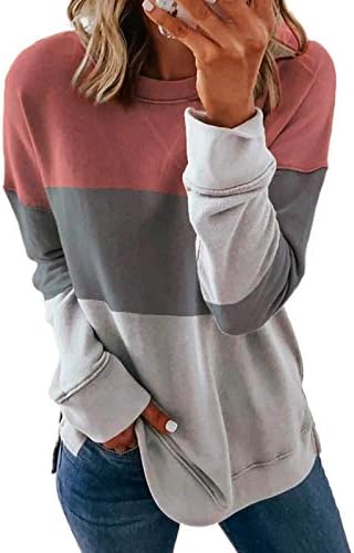 Боја блок џемпери за жени мода со долг ракав плус големина на пулвер кошули дами есен и зимски лабави блузи врвови