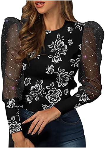 Женски сјај чиста мрежа панел обични кошули лабава мафта со долги ракави врвови блуза 2023 лабава цврста боја на туники кошули