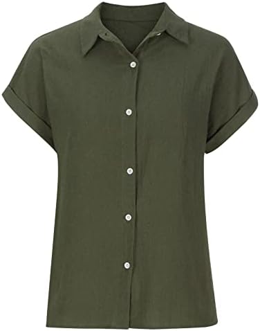 Маица со блуза за жени есен лето кратки ракави постелнина памук длабоко V желка на вратот копче надолу на обична маица HW