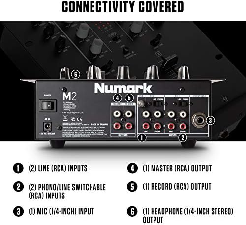 Numark M2-2-канален гребење DJ миксер, монтирање на решетката со 3-опсег EQ, влез на микрофон и заменливи вкрстени прекршувачи