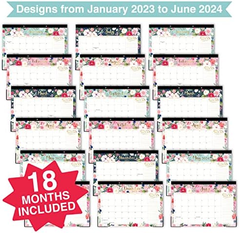 Флорална голема биро календар 2023-2024 Календарски биро подлога-18 месечен календар за биро календари 2023-2024, 2023 Планер за биро 2023 Календар за биро 11x17, голем календар 2023-