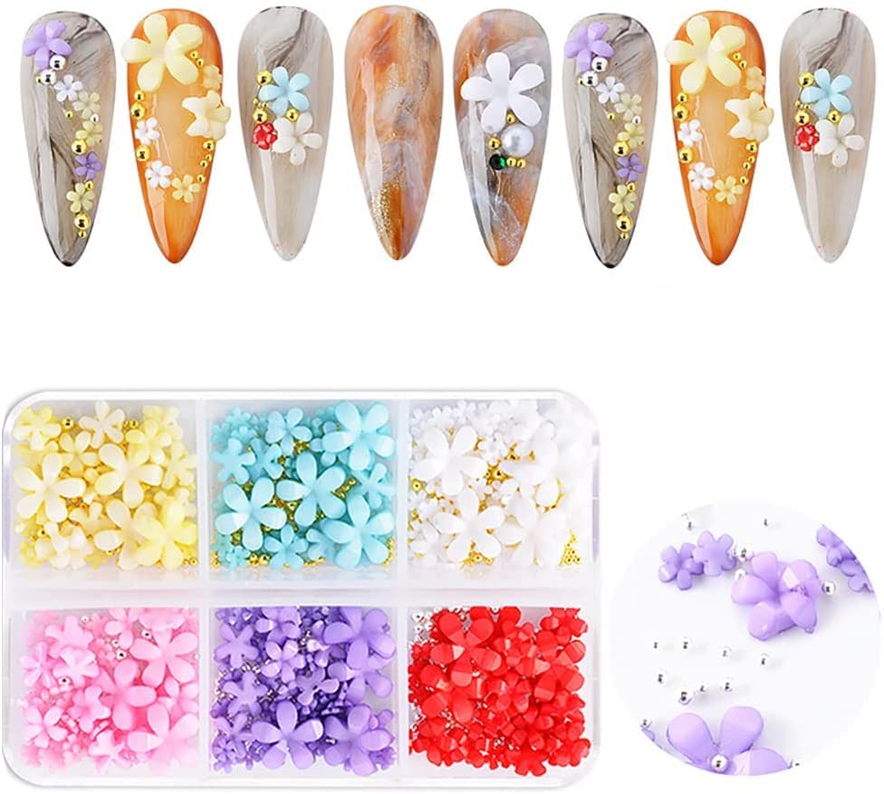 Цветни нокти уметнички шарми 6 кутии луксузни 3Д цветни нокти уметнички материјали бело розово виолетова цветна светлина промена злато сребрена