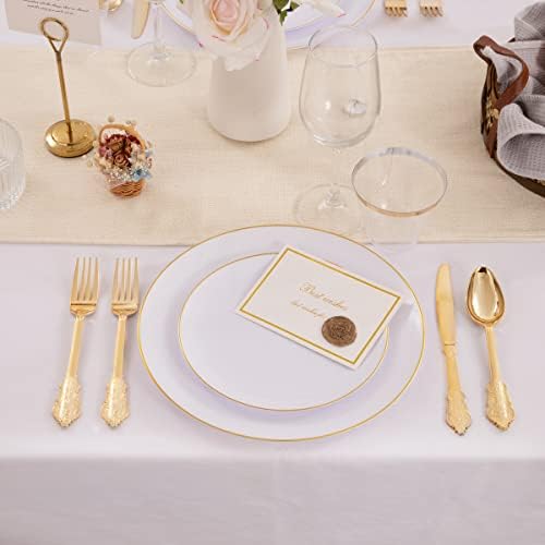 Кире 100 ПАРЧИЊА Златни Пластични Чинии - Бели Чинии За Еднократна Употреба Со Златен Раб За Забава/Свадба-Вклучуваат 50 парчиња Златни