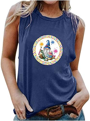 Велигденски маички кошули за жени Гном печатење резервоар врвот лабава лежерна маичка без ракави маички блузи дама велигденски влечки