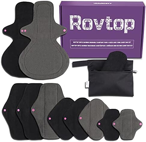 Rovtop 10 парчиња санитарни влошки за еднократно користење, менструална подлога за црна крпа/менструална крпа/санитарни салфетки со абсорбента на јаглен од бамбус, со