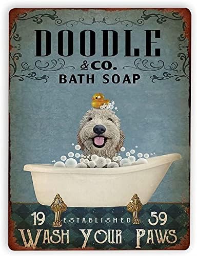 Doodle Dog Bath Soap бања метален лимен знак, измијте ги шепите жена пештера украси знаци дома гаража кафе -бар знак фарма земја кујна
