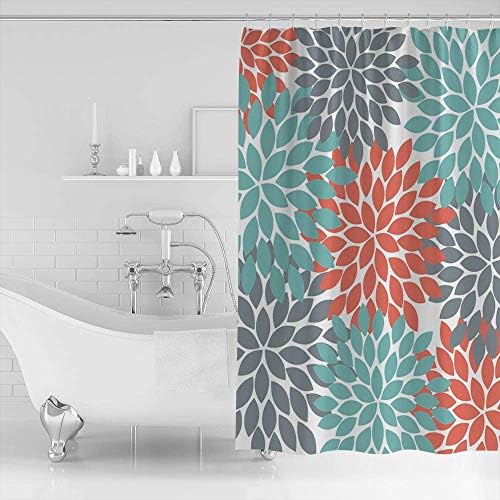 Туш завеса за бања, Дахлија Пината цветна корална сива декор 36x72inch Водоотпорна полиестерска ткаенина прстени за туширање вклучени