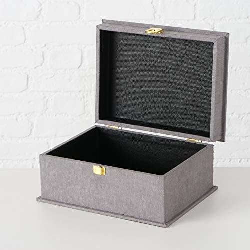 Сиви фланелни кутии, сет од 3, бледо, темно и средно сиво, брави со златни флип, врвот на маса, наредени, украсни, складирање, подароци,