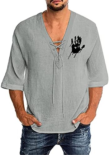 УБСТ машки V врат-чипка Хенли кошули, летен графички влечење 3/4 ракав Обичен хипи плажа на врвови за мажи