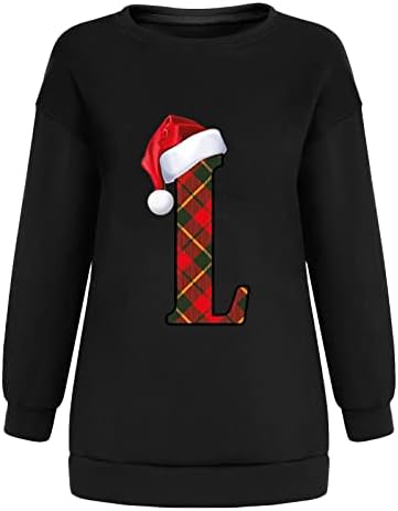 Женска Божиќна маичка Дедо Мраз и л печати кошула со долги ракави капка рамо пуловер екипаж на гроздобер џемпер врвови