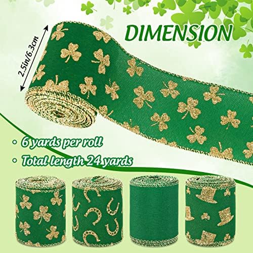Anydesign Сент Патрик Денот на жичен раб лента 2,5 инчи зелена сјај злато Шамрок капа занаетчиска лента ирски стил ткаенина лента