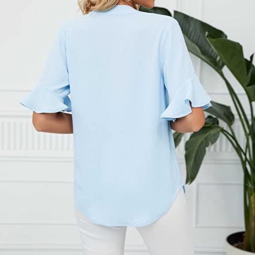 Преголема маица за жени секси V вратот летен кошула руфла кратка ракав со цврста боја маици лабава вклопена блуза