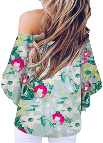 Assividенски женски обичен бохо цветен принт 3/4 блузи од ракав лето лето од врвовите на рамото, врзани кошули со јазол