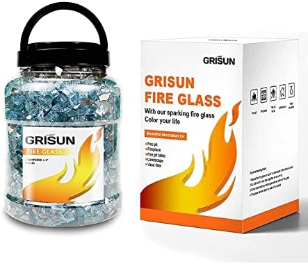 Grisun Aqua Blue Fire стакло за оган, 1/2 инчи висок сјај рефлексивни стаклени карпи за природно или пропан камин, безбедно за отворено