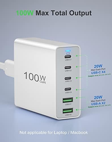 USB C Chargerид полнач, 100W GAN 6 Port USB C и USB Блок за полнење, центар за полнење на станици за полнење на USB C за iPhone 14 Pro Max/Pro