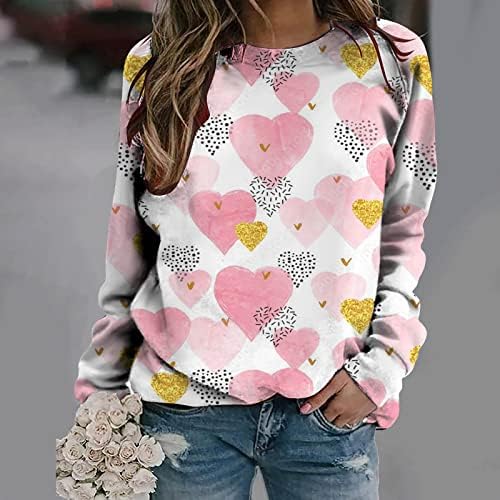 Валентин кошули за жени диско срце печати врвови облечени обични екипаж џемпер со долги ракави симпатична пулвер блуза